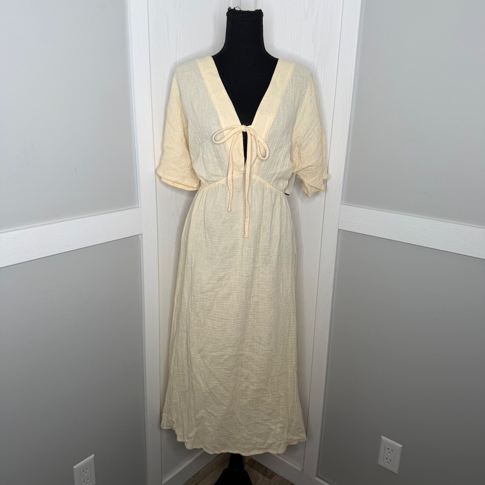 Kohl's Maxi Dress Women Large Beige Gauze V-Neck Tie Front Elastic Waist